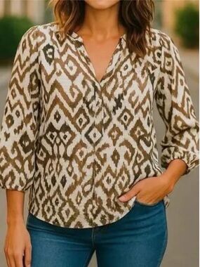 ZARA Ikat Button Down Large Boho Loose Summer Southwest Western Festival